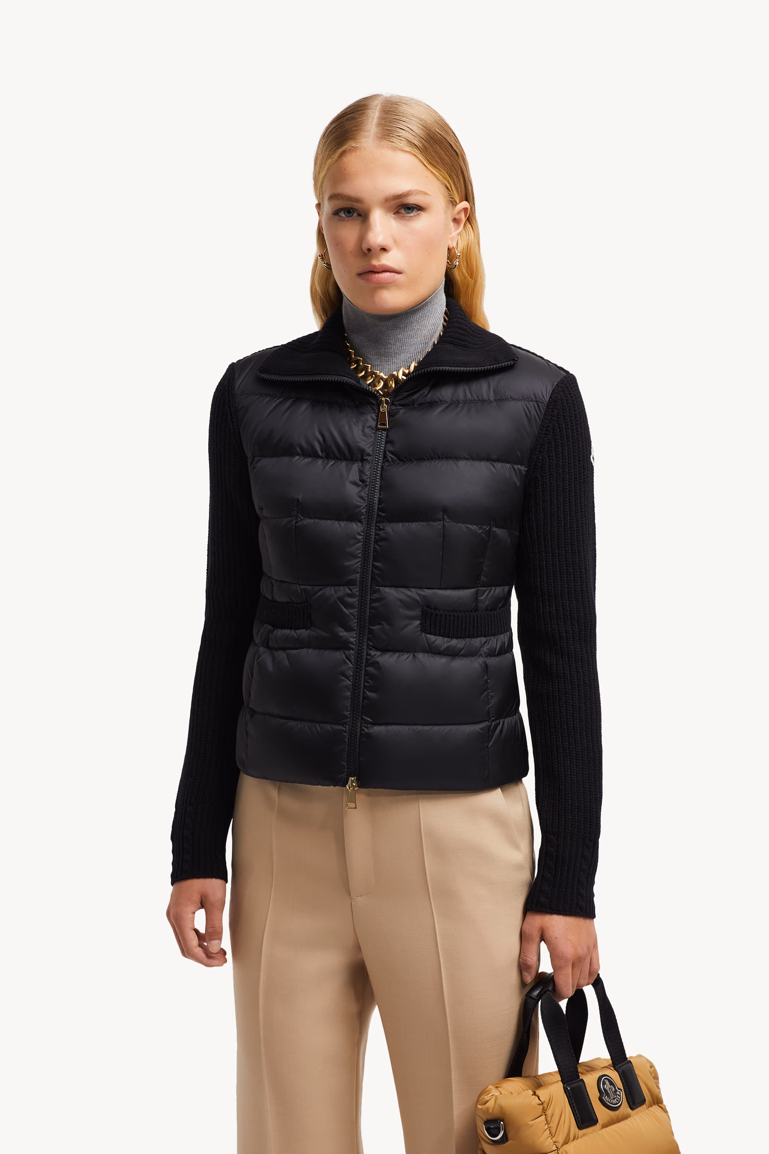 Cardigan zippé matelassé en laine Femmes Noir Moncler
